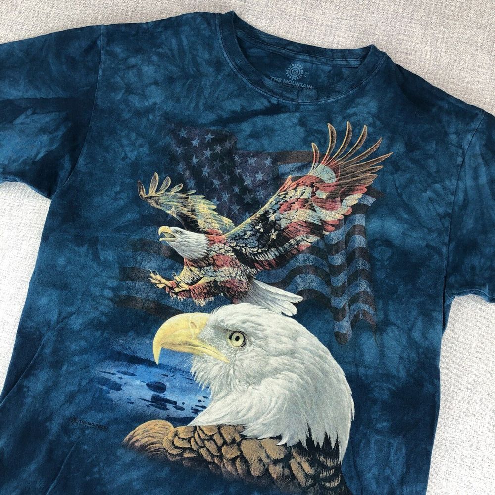 The Mountain T Shirt Bald Eagle USA Flag Collage Tie Dye Blue Short Sleeve Large